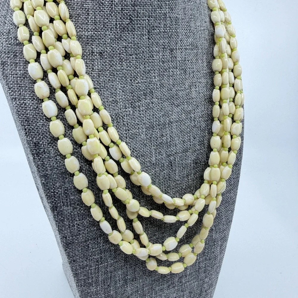 Cream Lime Green Multistrand Beaded Necklace Long Layered Chunky Boho Statement